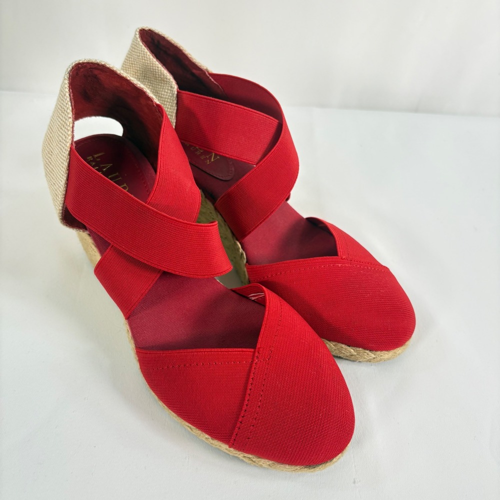 Lauren Ralph Lauren Espadrille‎ Wedge Sandals Red Canvas Elastic Straps Wom 7.5
